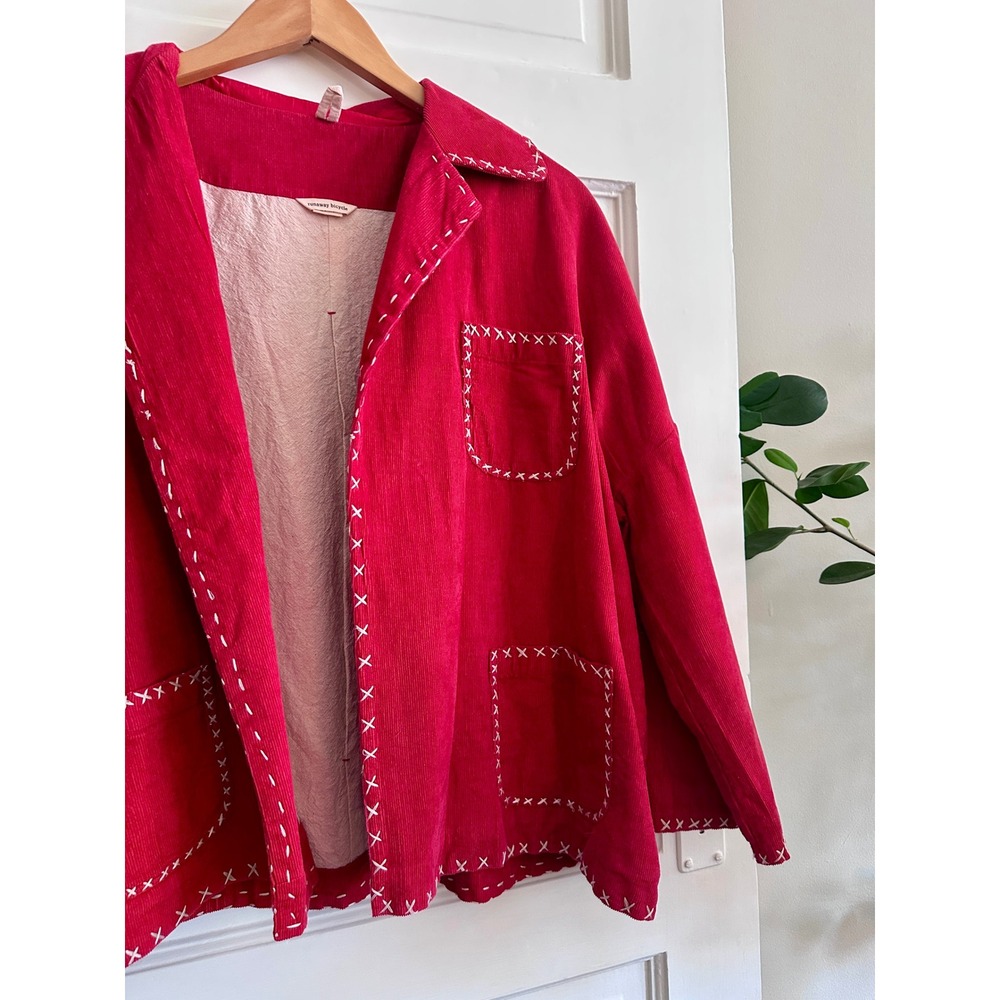 Runaway Bicycle Red Corduroy Cross Stitch Chore Coat Jacket Womens SM - Picture 2 of 7